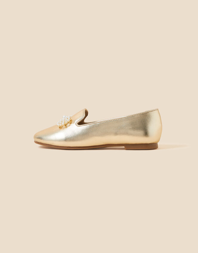 Girls Pearl Bow Slipper Shoes, Gold (GOLD), large