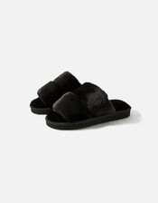 Platform Faux Fur Double Band Sliders, Black (BLACK), large