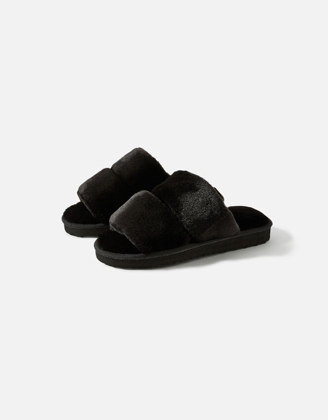 Platform Faux Fur Double Band Sliders, Black (BLACK), large