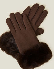 Suedette Faux Fur Cuff Gloves, Brown (BROWN), large