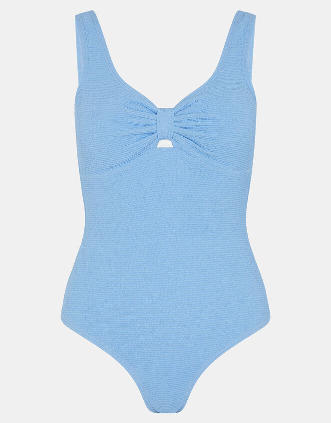 Knot Front Crinkle Textured Swimsuit, Blue (BLUE), large