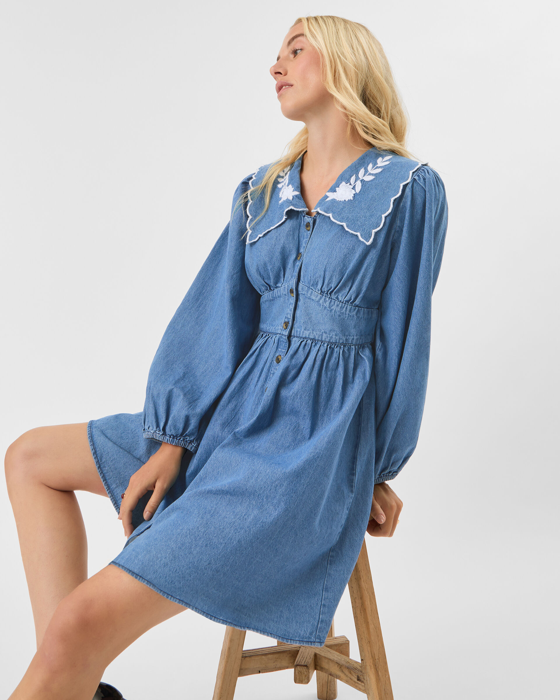 Embroidered Collar Denim Mini Dress Blue | Dresses | Accessorize UK