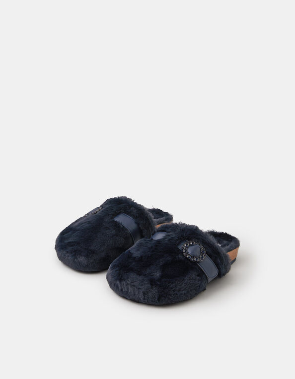 Sparkle Buckle Faux Fur Slippers, Blue (NAVY), large