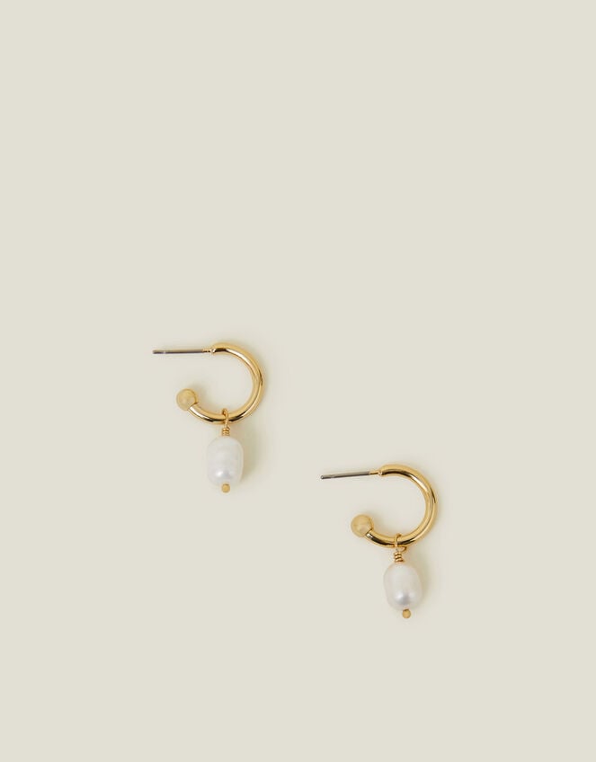 14ct Gold-Plated Pearl Drop Hoop Earrings, , large