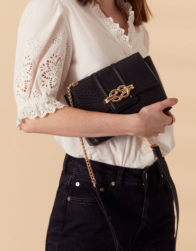 Faux Croc Snaffle Detail Cross-Body Bag, Black (BLACK), large