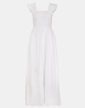 Sleeveless Smocked Broderie Sundress, White (WHITE), large