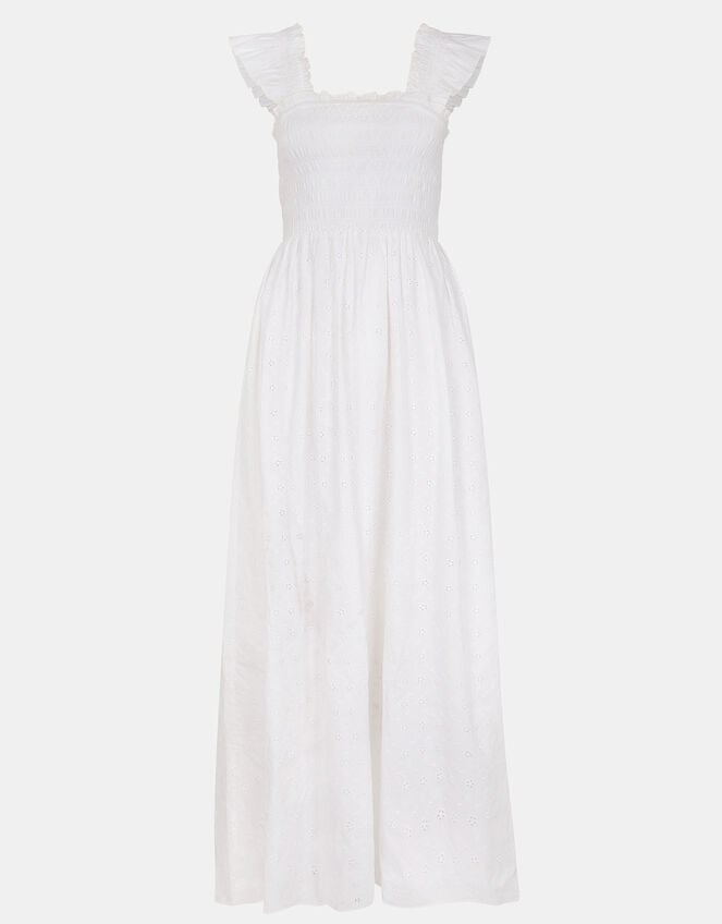 Sleeveless Smocked Broderie Sundress, White (WHITE), large