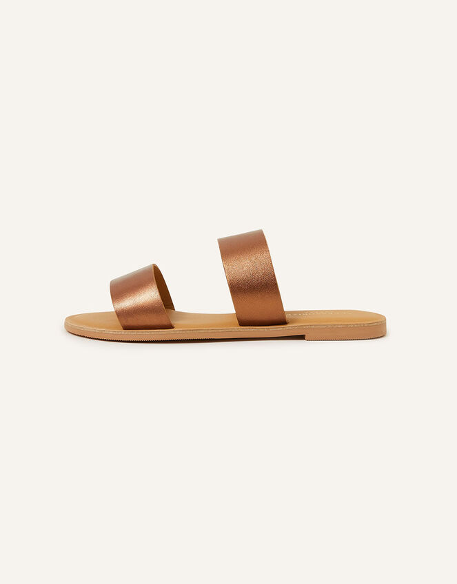Two Strap Leather Wide Fit Sliders , Bronze (BRONZE), large