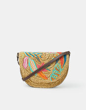 Embroidered Raffia Crossbody Bag, , large