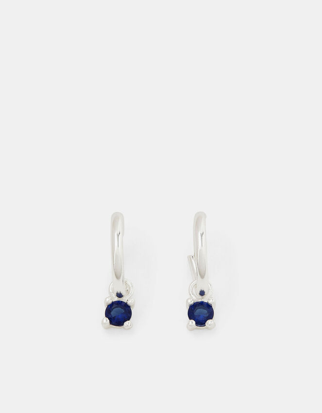 Sterling Silver Blue Diamanté Drop Hoop Earrings, , large