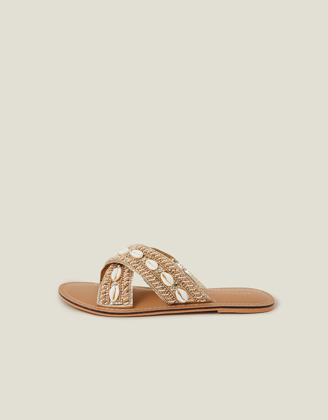 Shell Cross-Strap Sandals, Gold (GOLD), large