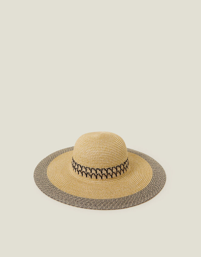 Patterned Trim Floppy Straw Sun Hat, , large