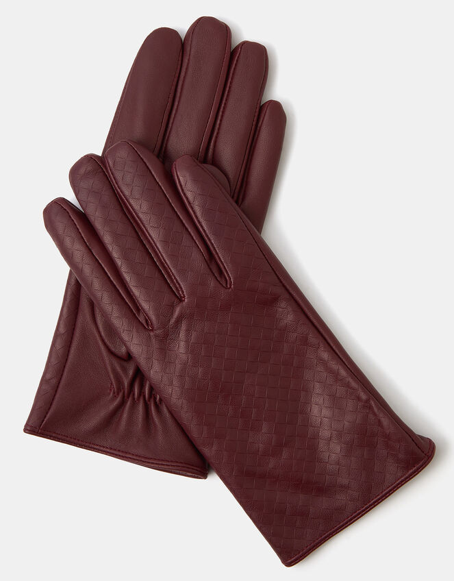 Woven Leather Gloves, Red (BURGUNDY), large