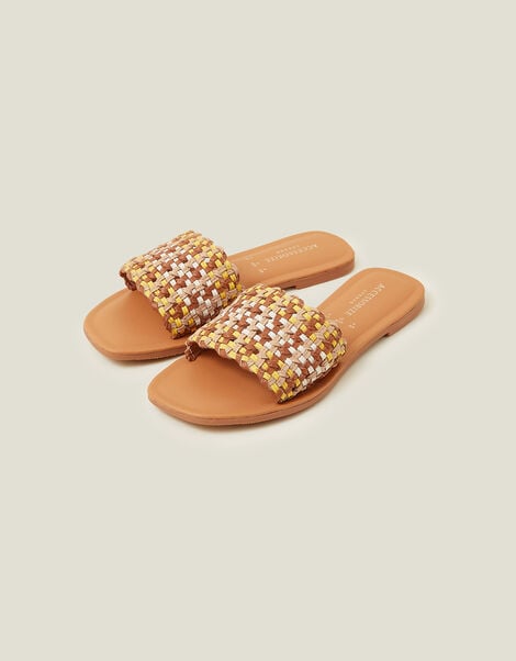 Leather Woven Sliders, Natural (NATURAL), large