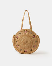 Floral Embroidered Round Beach Bag, , large