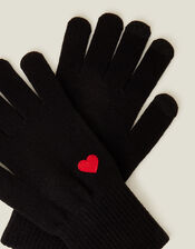 Touchscreen Heart Embroidered Knit Gloves, Black (BLACK), large