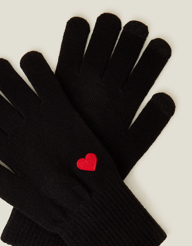 Touchscreen Heart Embroidered Knit Gloves, Black (BLACK), large