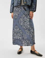 Bandana Print Satin Slip Skirt, Blue (BLUE), large