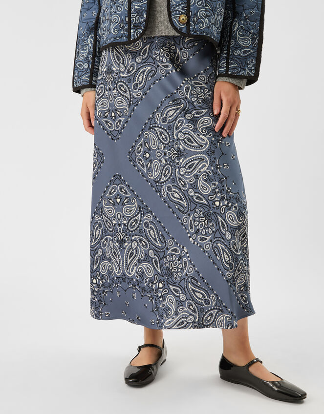 Bandana Print Satin Slip Skirt, Blue (BLUE), large