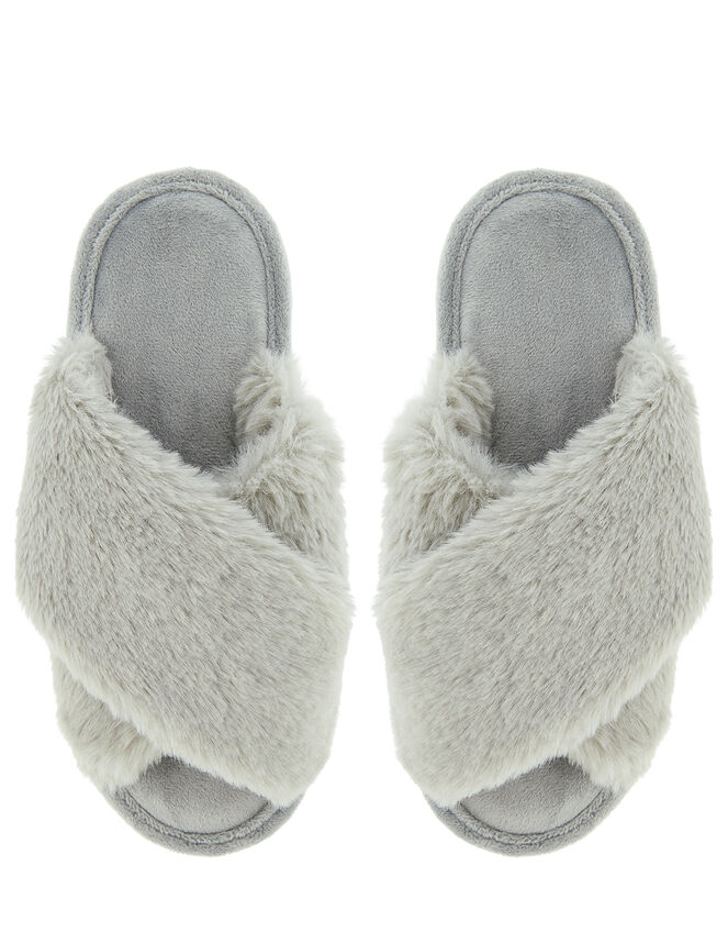 Fluffy Peep-Toe Slipper Sliders, Grey (GREY), large