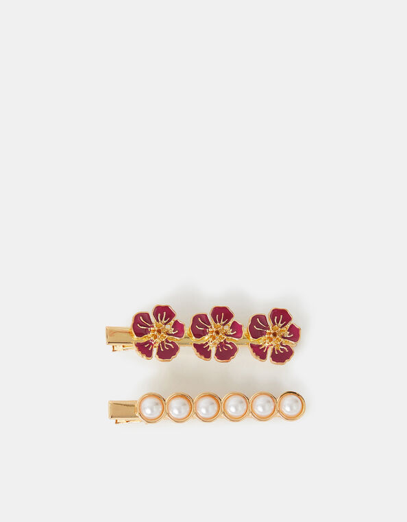 2-Pack Flower & Pearl Hair Clips, , large