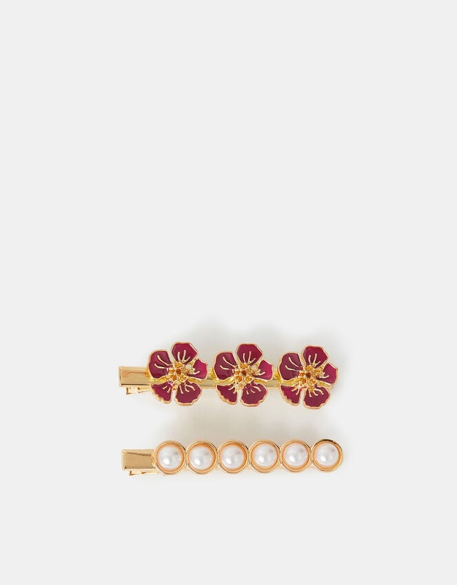2-Pack Flower & Pearl Hair Clips, , large