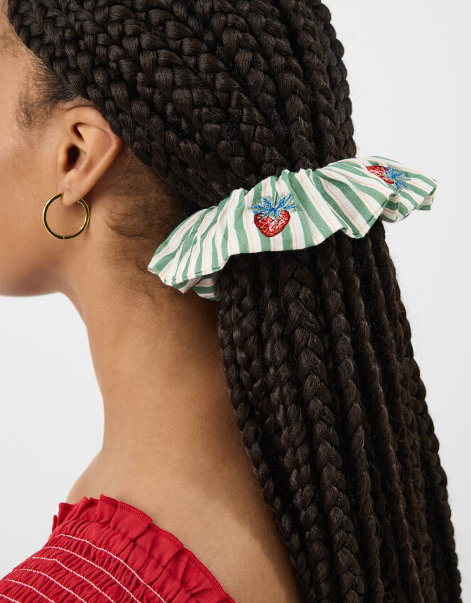 Strawberry Embroidered Stripe Scrunchie, , large