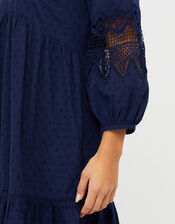 Lace Insert Smock Dress in Organic Cotton, Blue (NAVY), large