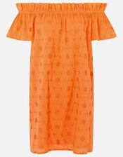 Schiffli Bardot Dress in Organic Cotton, Orange (ORANGE), large
