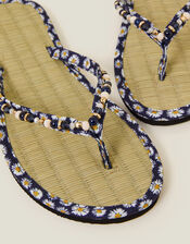 Daisy Print Seagrass Footbed Sandals, Blue (NAVY), large