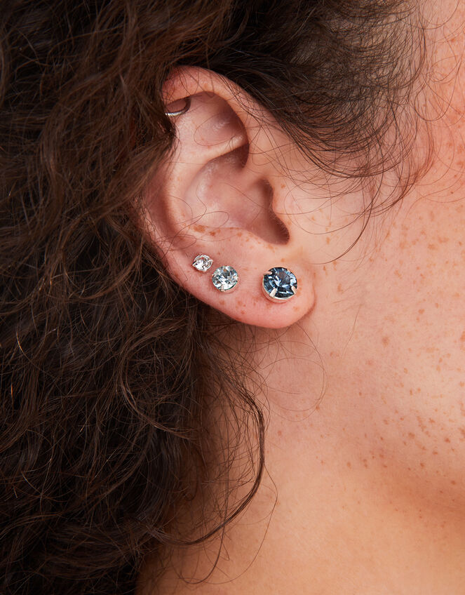 Crystal Stud Earring Set of Three, Blue (BLUE), large