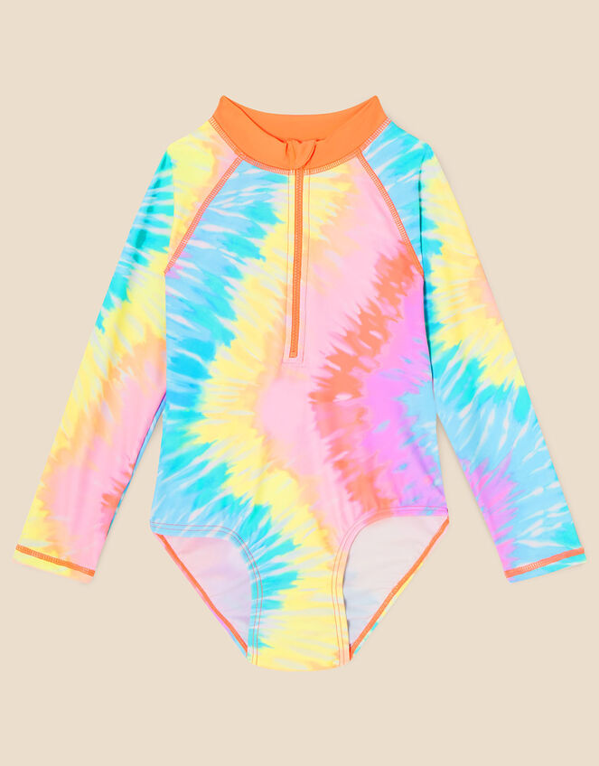 Girls Long Sleeve Tie Dye Swimsuit with Recycled Polyester, Multi (BRIGHTS-MULTI), large