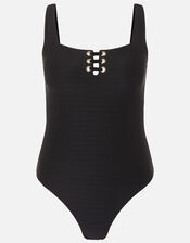 Lace-Up Eyelet Swimsuit with Recycled Polyester, Black (BLACK), large