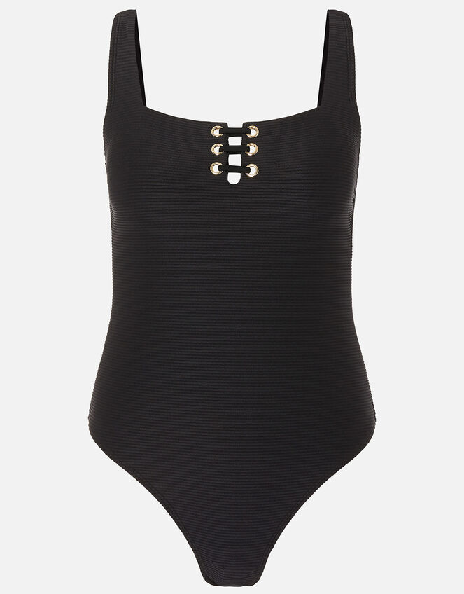 Lace-Up Eyelet Swimsuit with Recycled Polyester, Black (BLACK), large