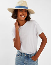 Denim Trim Straw Fedora Hat, , large