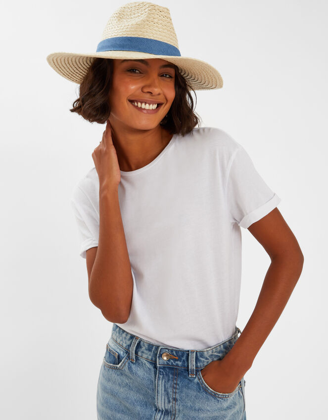 Denim Trim Straw Fedora Hat, , large