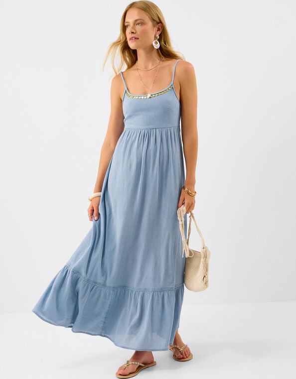 Coin Embellished Sleeveless Maxi Dress, Blue (BLUE), large