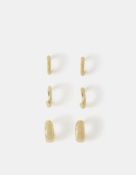 3-Pack 14ct Gold-Plated Chunky Huggie Hoop Earrings, , large