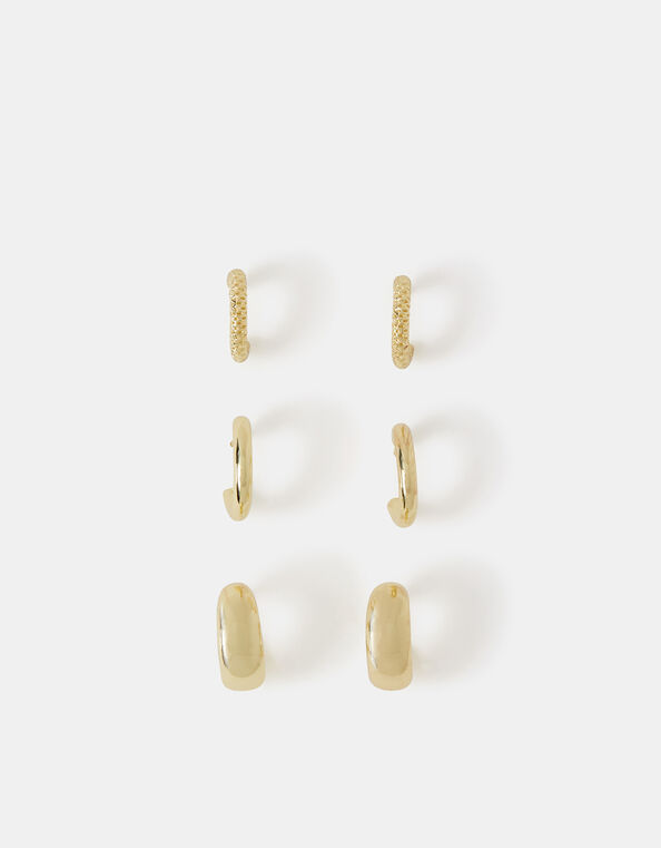 3-Pack 14ct Gold-Plated Chunky Huggie Hoop Earrings, , large