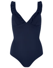 Textured Shaping Swimsuit with Ruffles, Blue (NAVY), large