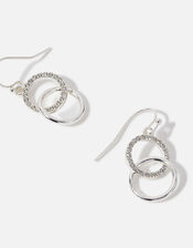 Pave Linked Circle Short Drop Earrings, Silver (SILVER), large