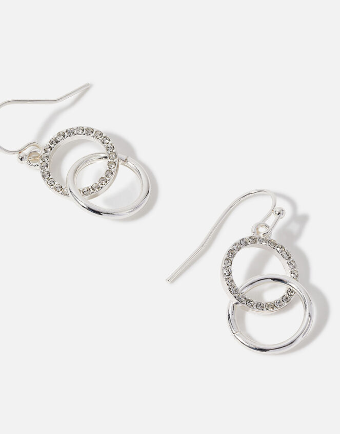 Pave Linked Circle Short Drop Earrings, Silver (SILVER), large
