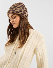 Fuzzy Leopard Print Beanie Hat, , large