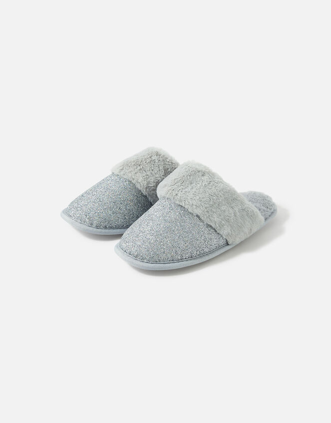 Glitter Fluffy Mule Slippers, Silver (SILVER), large