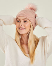 Knit Pom-Pom Beanie , Pink (PALE PINK), large