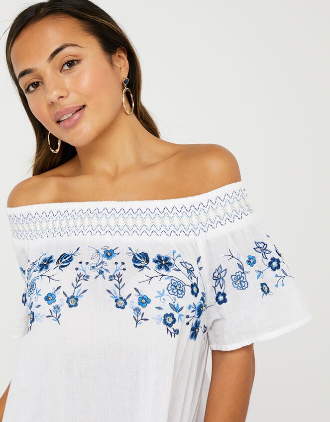 Kaylee Off-Shoulder Embroidered Dress in Pure Cotton, White (WHITE), large