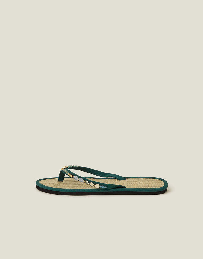 Beaded Seagrass Footbed Flip Flops, Green (GREEN), large