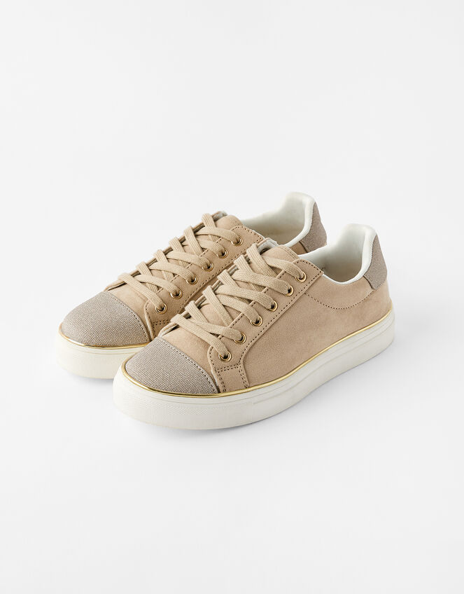Gold Trim Suedette Trainers, Mink (MINK), large