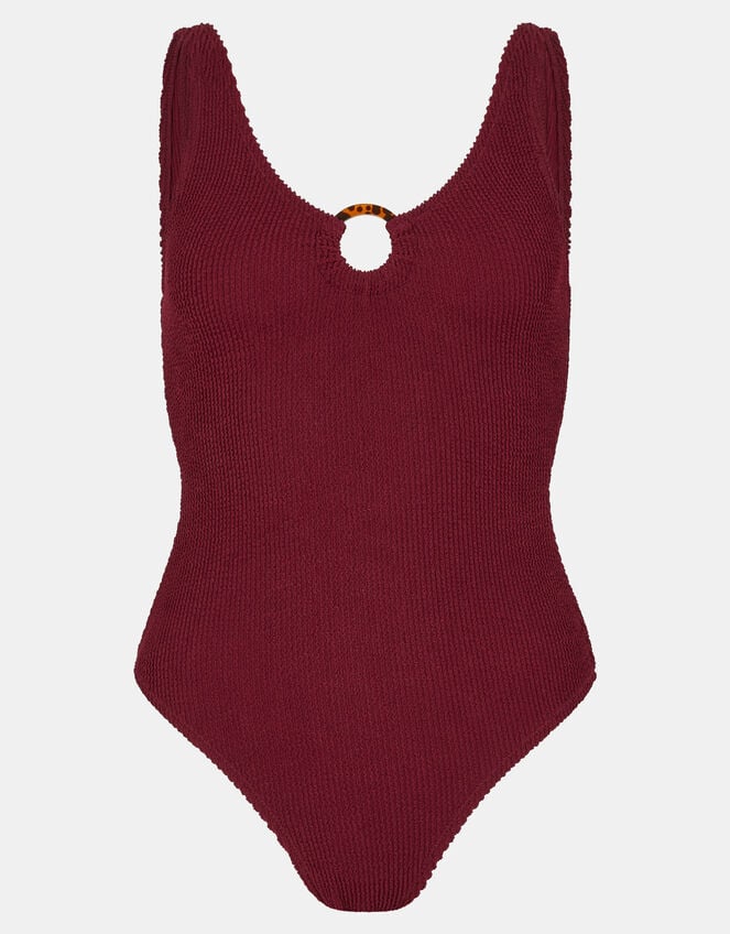 Ring Detail Crinkle Textured Swimsuit, Red (BURGUNDY), large