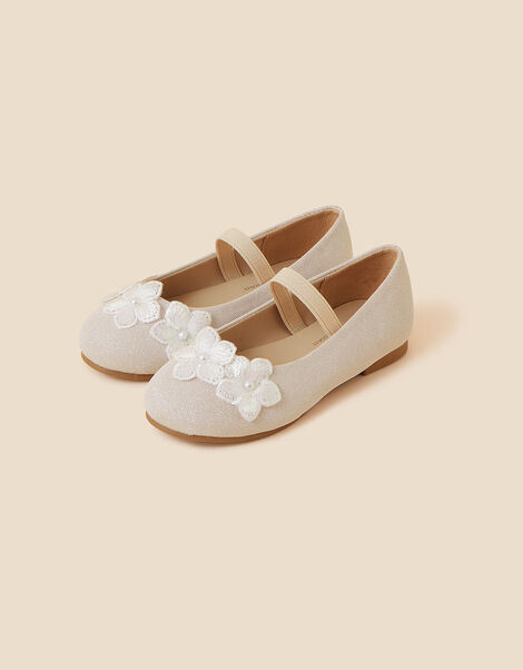 Girls Shimmer Flower Ballerina Flats, Natural (CHAMPAGNE), large